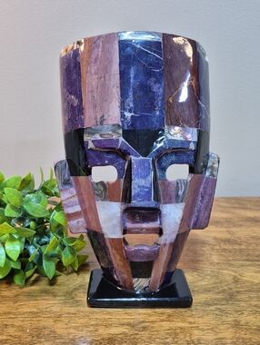 HANDCRAFTED Multicolor Polished Stone & Abalone Mosaic Mask Art Sculpture